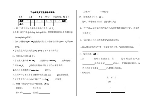 部编语文五年级(下)期中检测卷(3)及答案