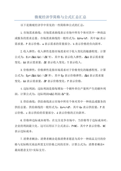 微观经济学简称与公式汇总汇总