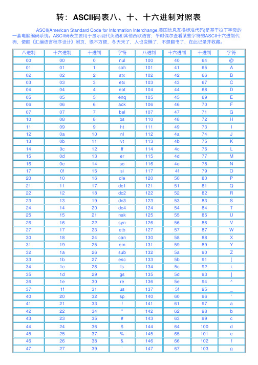 转：ASCII码表八、十、十六进制对照表