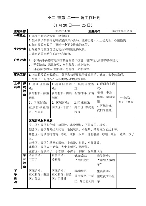 小二班第二十一周工作计划