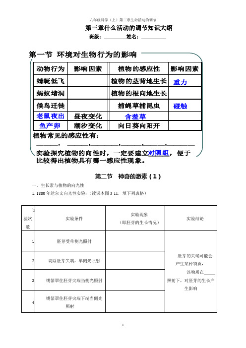 八年级(上)《科学》第三章生命活动的调节复习提纲