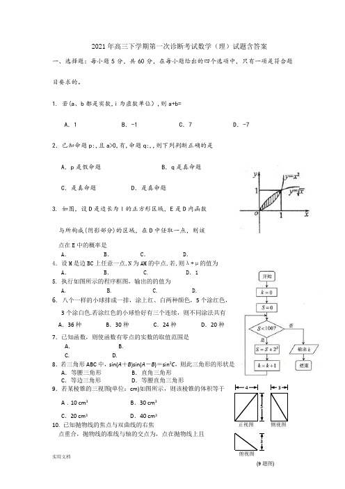 2021-2022年高三下学期第一次诊断考试数学(理)试题含答案