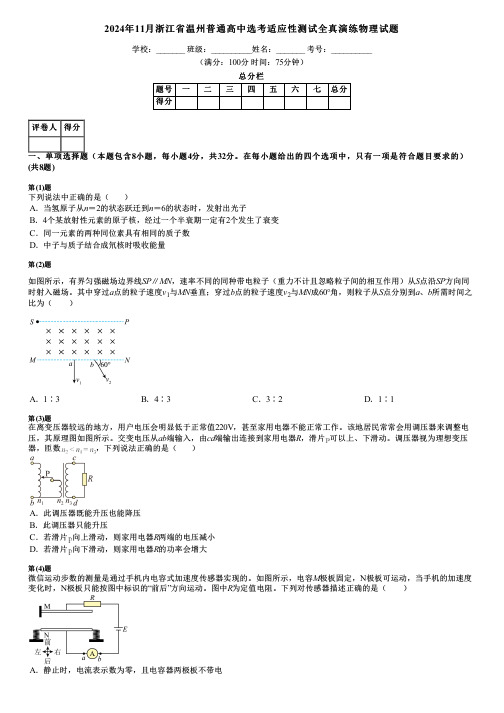 2024年11月浙江省温州普通高中选考适应性测试全真演练物理试题