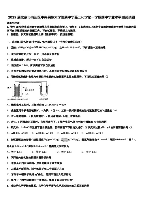 2025届北京市海淀区中央民族大学附属中学高二化学第一学期期中学业水平测试试题含解析