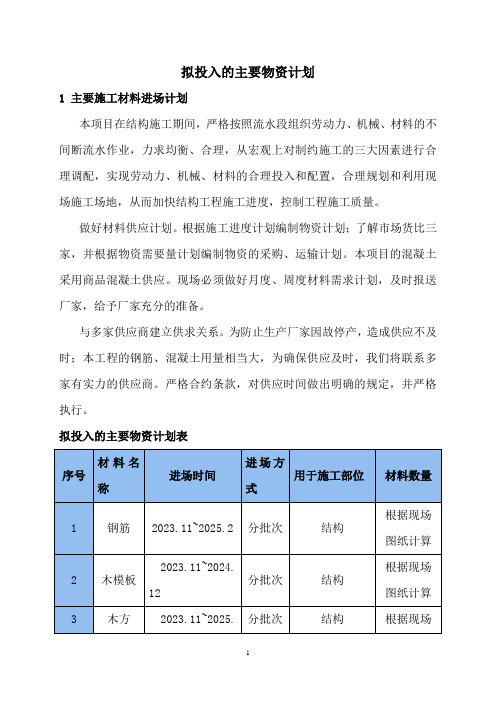 拟投入的主要物资计划