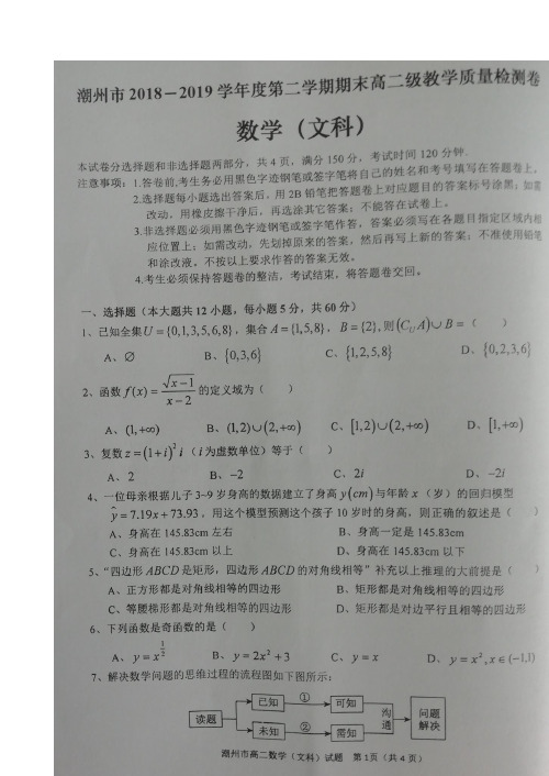 广东省潮州市2018-2019学年高二下学期期末教学质量检测数学(文)试题 扫描版含答案