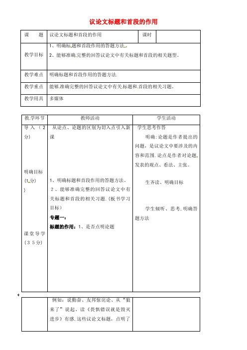 中考语文专题复习 议论文 议论文开头及开头段的作用教学设计(2021-2022学年)