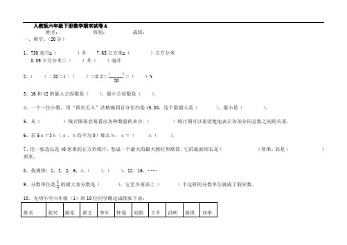 2014新课标人教版六年级数学下册期末试卷(15套)