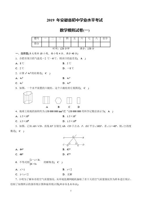 [名师推荐]2019年安徽省初中学业水平考试数学模拟试卷(1)附参考答案