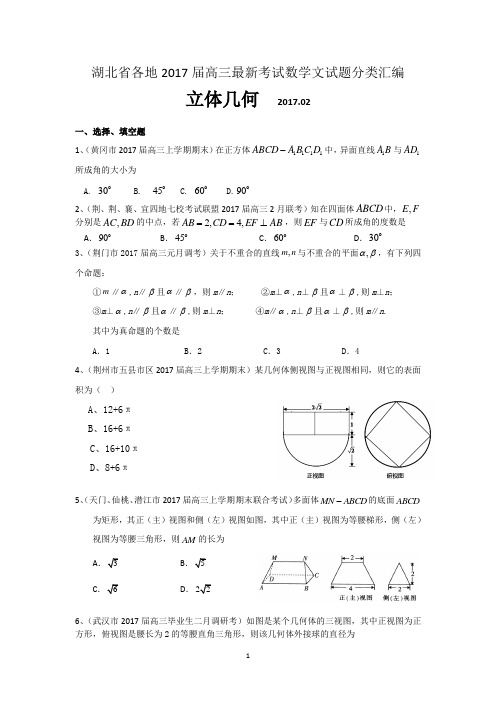 湖北省各地2017届高三最新考试数学文试题分类汇编：立体几何 Word版含答案