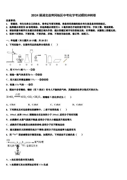 2024届湖北省黄冈地区中考化学考试模拟冲刺卷含解析