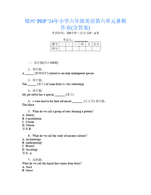 锦州“PEP”24年小学六年级第六次英语第六单元暑期作业(含答案)