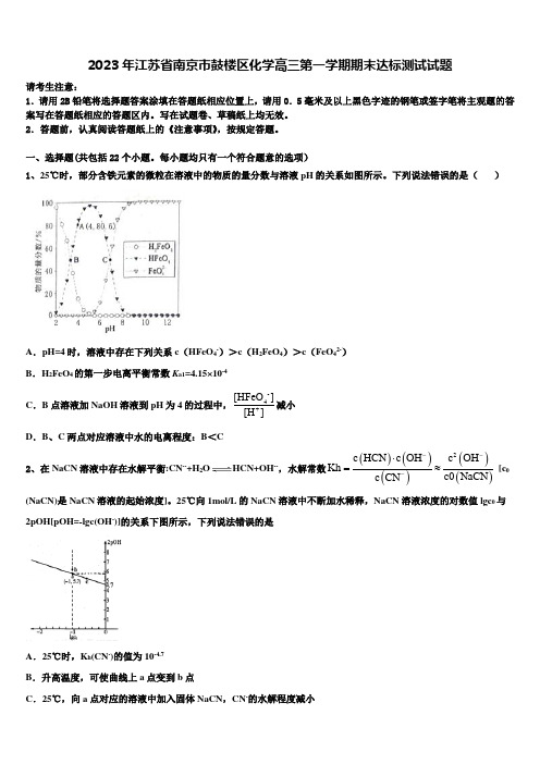 2023年江苏省南京市鼓楼区化学高三第一学期期末达标测试试题含解析