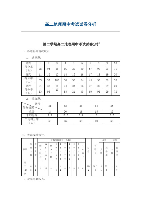 高二地理期中考试试卷分析