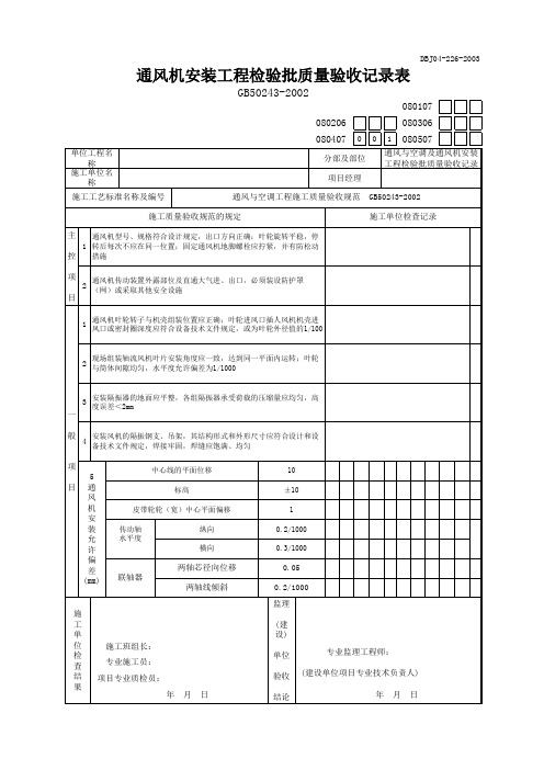 通风机安装工程检验批质量验收记录表