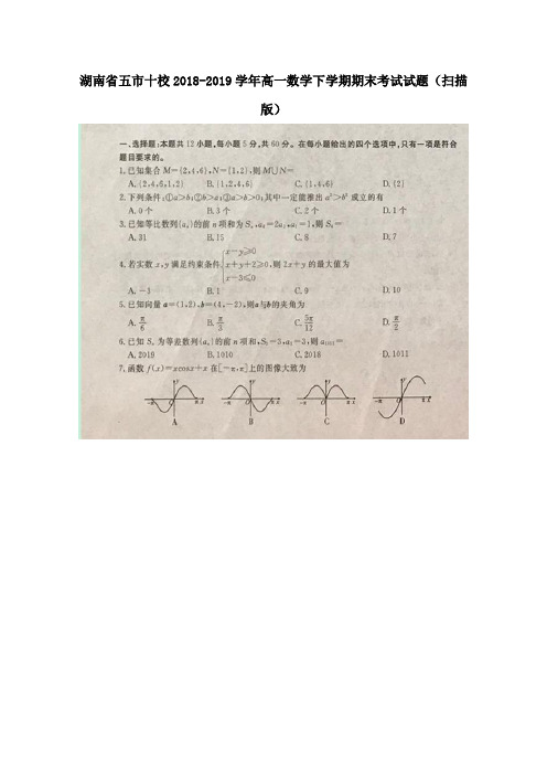 湖南省五市十校2018_2019学年高一数学下学期期末考试试题(扫描版)