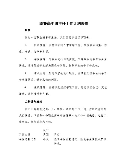 职业高中班主任工作计划表格