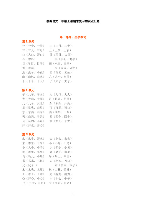 统编语文一年级上册1-3单元知识点汇总