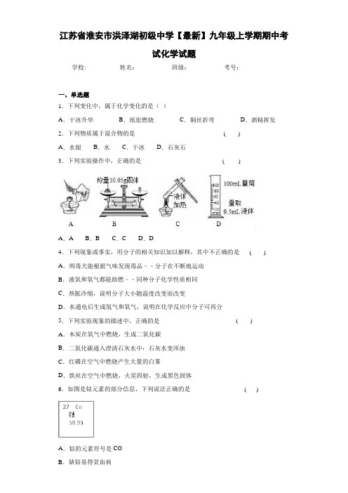 江苏省淮安市洪泽湖初级中学2021届九年级上学期期中考试化学试题