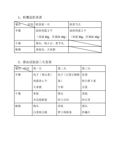 医院膳食——试验膳食食谱