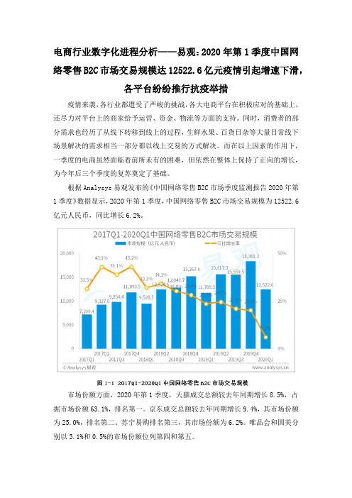 电商行业数字化进程分析——易观：2020年第1季度中国网络零售B2C市场交易规模达12522.6亿元