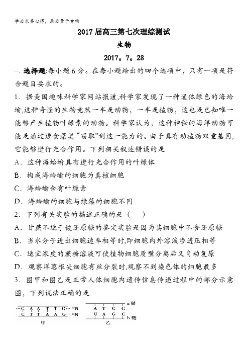 广东省深圳高级中学2017届高三上学期第七次模拟考试理综生物试题 含答案