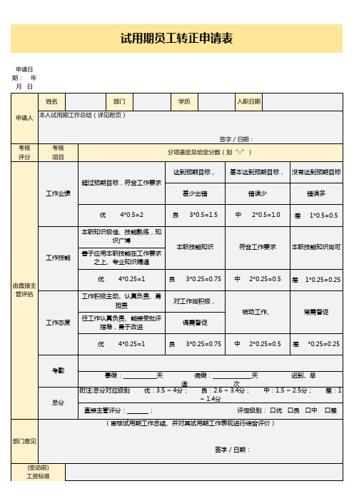 试用期员工转正申请表Excel模板