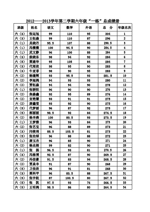 六年级期中考试成绩册 