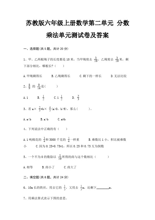 苏教版六年级上册数学第二单元 分数乘法单元测试卷及答案