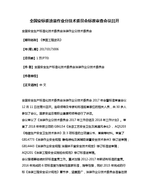 全国安标委涂装作业分技术委员会标准审查会议召开