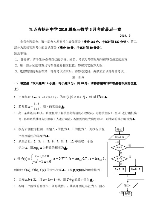 江苏省扬州中学2019届高三数学5月考前最后一卷(含答案)