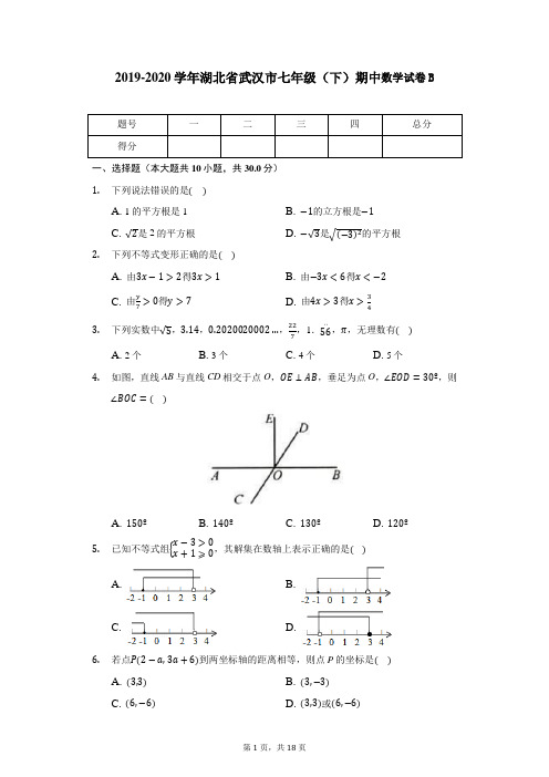 湖北省武汉市2019-2020学年七年级(下)期中数学试卷B(含答案)