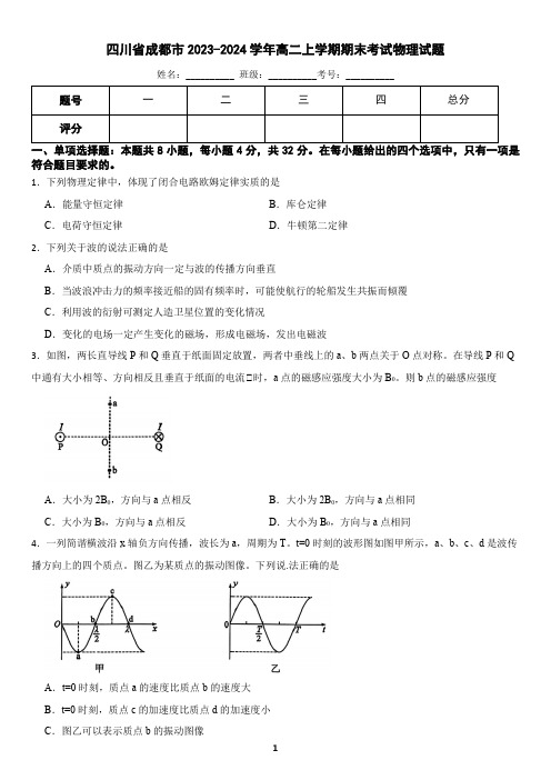 四川省成都市2023-2024学年高二上学期期末考试物理试题(含答案)