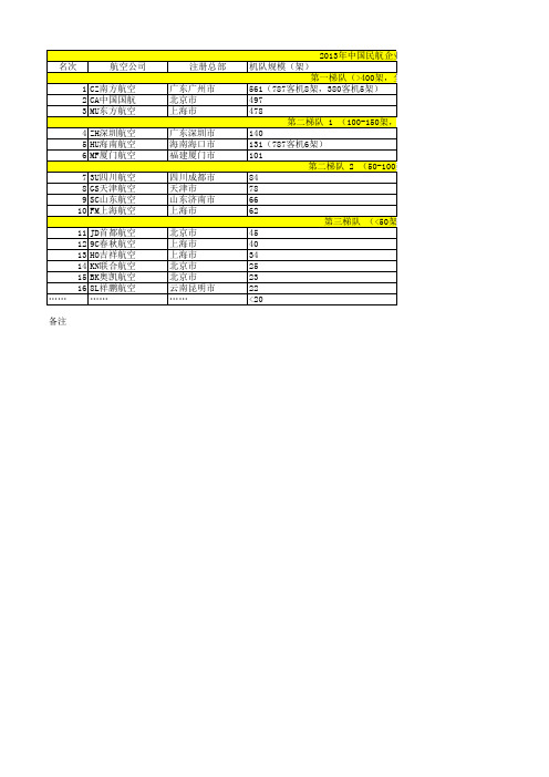 2013年中国民航企业机队规模排名