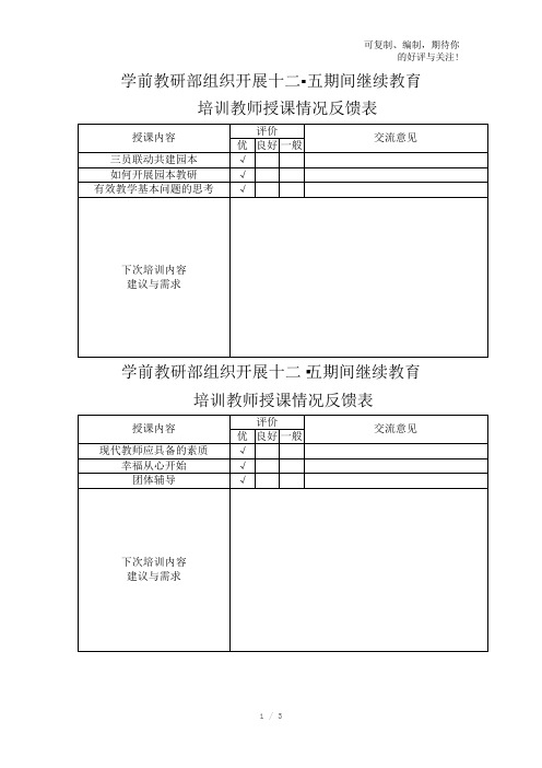 幼儿园培训教师授课情况反馈表