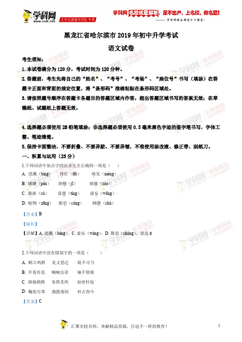 精品解析：黑龙江省哈尔滨市2019年中考语文试题(解析版)