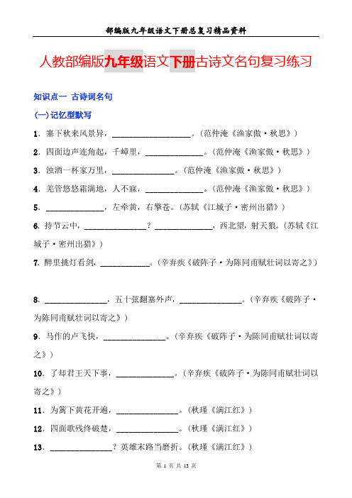 人教部编版九年级语文下册古诗文名句复习练习及答案(古诗文名句、文言文名句)