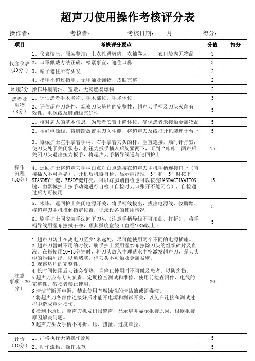 超声刀使用操作考核评分表