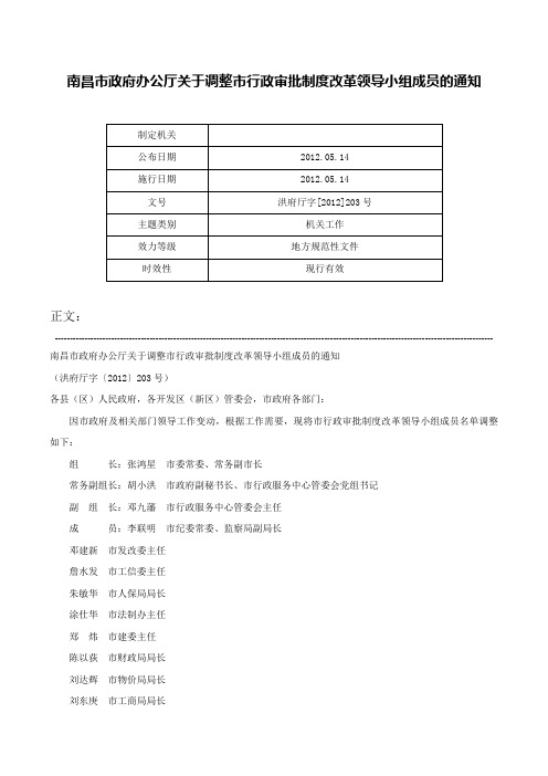 南昌市政府办公厅关于调整市行政审批制度改革领导小组成员的通知-洪府厅字[2012]203号