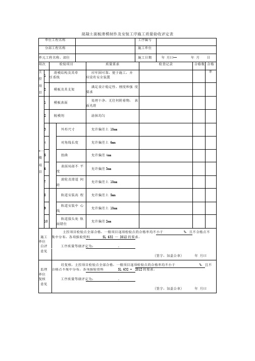 混凝土面板滑模制作及安装工序施工质量验收评定表