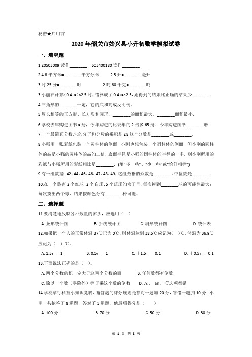 2020年韶关市始兴县小升初数学模拟试卷及答案