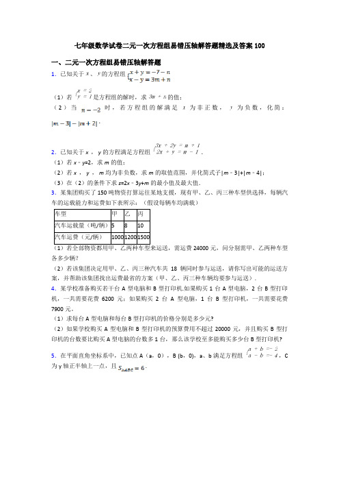 七年级数学试卷二元一次方程组易错压轴解答题精选及答案100