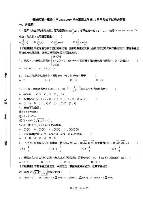 青浦区第一高级中学2018-2019学年高三上学期11月月考数学试卷含答案