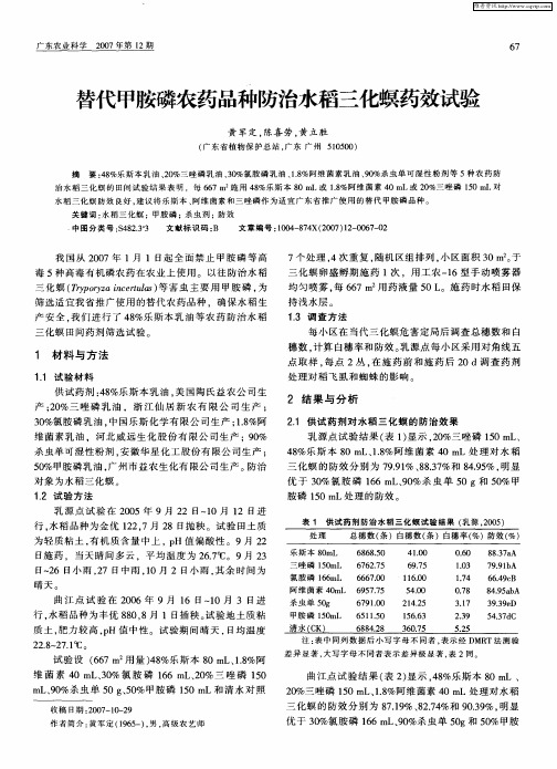 替代甲胺磷农药品种防治水稻三化螟药效试验