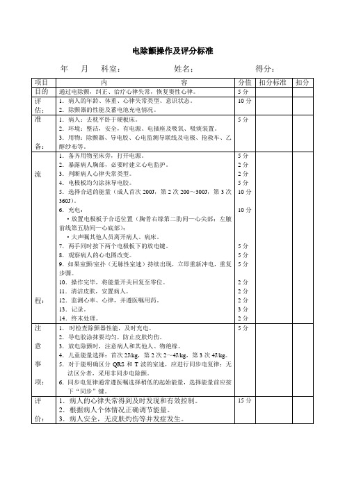 电除颤操作及心扉复苏评分标准