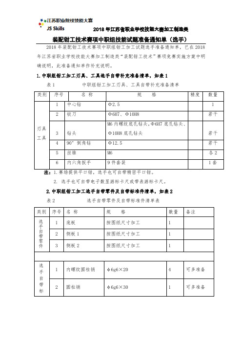 2018江苏省职业学校技能大赛装配钳工技术赛项(中职组)准备通知单(选手)