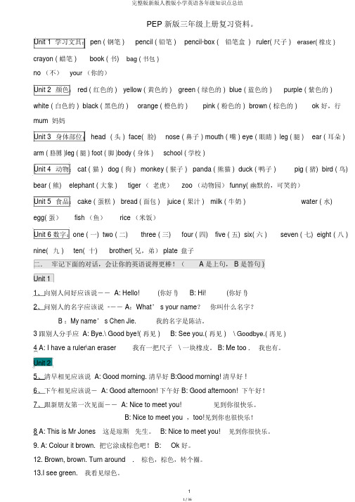 完整版新版人教版小学英语各年级知识点总结