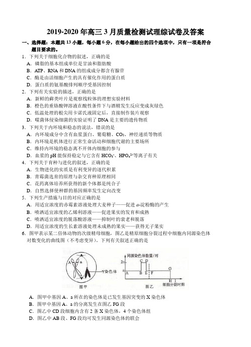 2019-2020年高三3月质量检测试理综试卷及答案