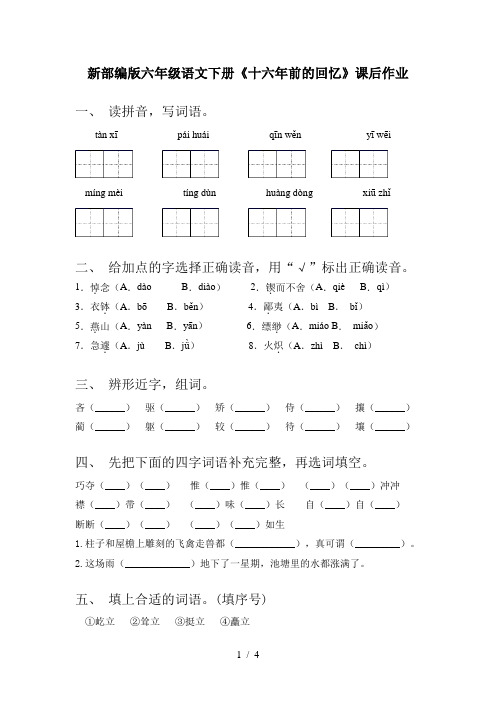 新部编版六年级语文下册《十六年前的回忆》课后作业