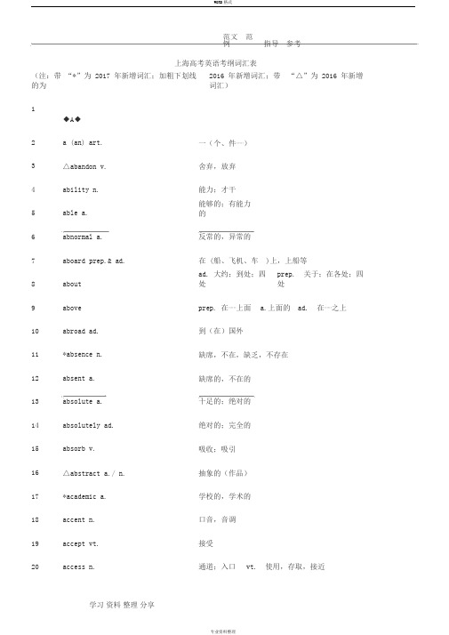 2018年最新上海高考英语考纲词汇表[完整版]